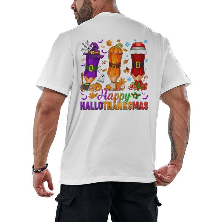 Happy Hallothanksmas Halloween Thanksgiving Pencils Teachers Men's Back Print T-Shirt