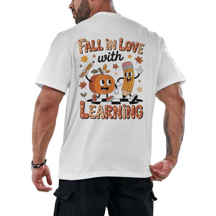 Retro Fall In Love With Learning Autumn Pumpkin Teacher Kids Men's Back Print T-Shirt