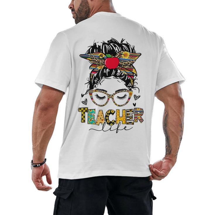 Teacher Life Messy Bun Glasses Leopard Sunflower Men's Back Print T-Shirt