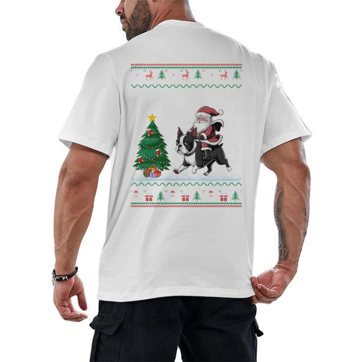 Ugly Christmas Tree Lights Xmas Santa Riding Boston Terrier Men's Back Print T-Shirt