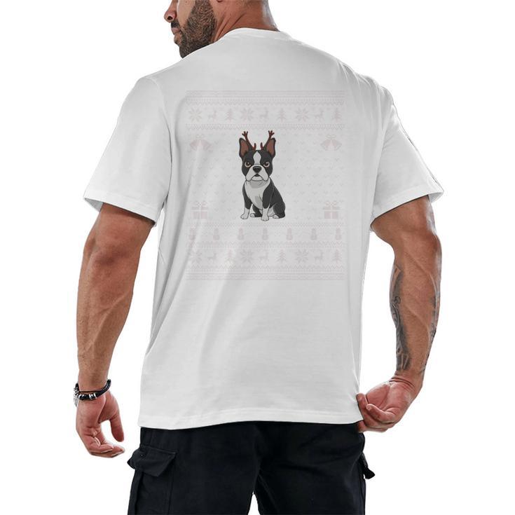 Ugly Xmas Sweater Style Boston Terrier Reindeer Christmas Men's Back Print T-Shirt