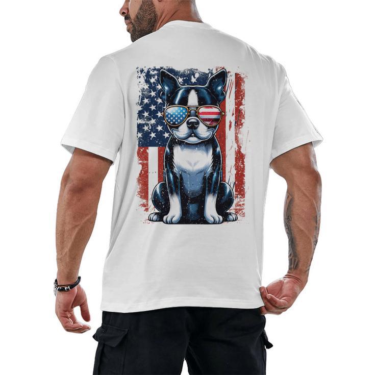 Vintage Boston Terrier Dog American USA US Flag Pets Lovers Men's Back Print T-Shirt