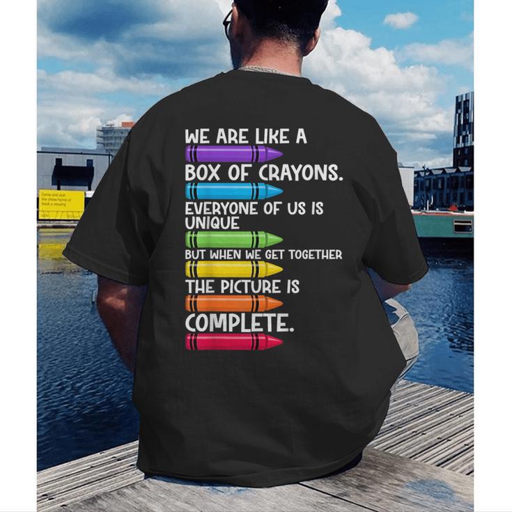 Back To School Teacher We Are Like A Box Of Crayons Men's Back Print T-Shirt, funny gift Back To School Teacher We Are Like A Box Of Crayons Men's Back Print T-Shirt, funny gift
