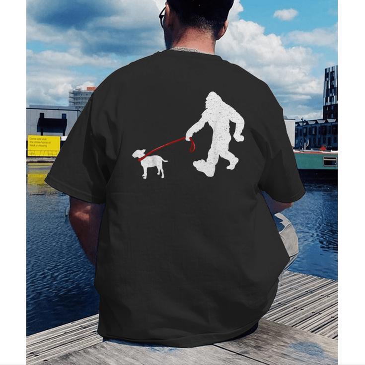 Bigfoot Walking With Bull Terrier Dog Men's Back Print T-Shirt, funny gift