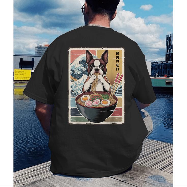 Boston Terrier Ramen Noodles Japanese Art Retro Ocean Waves Men's Back Print T-Shirt, funny gift