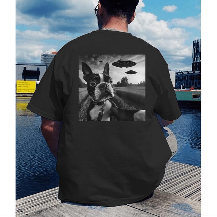 Boston Terrier Graphic Selfie With UFOs Weird Aliens Men's Back Print T-Shirt, funny gift