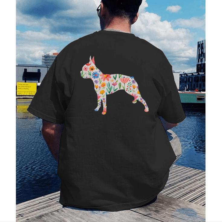 Boston Terrier Watercolor Flowers Men's Back Print T-Shirt, funny gift