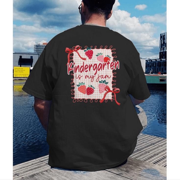 Bow Strawberry Kindergarten Is My Jam Teacher Kinder Team Men's Back Print T-Shirt, funny gift