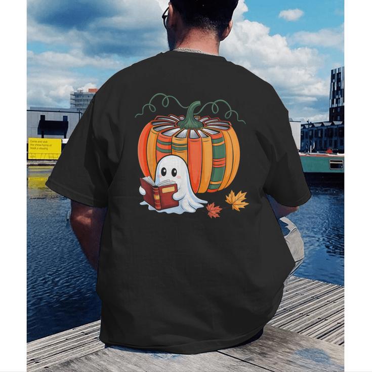 Fall Book Pumpkin Ghost Reading Books Halloween Teacher Men's Back Print T-Shirt, funny gift Fall Book Pumpkin Ghost Reading Books Halloween Teacher Men's Back Print T-Shirt, funny gift
