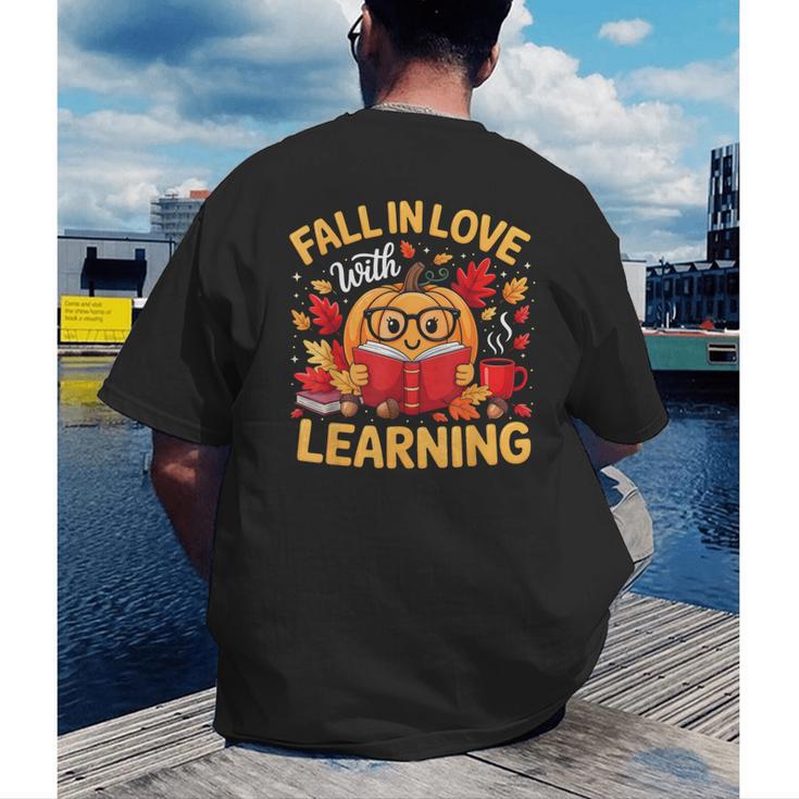 Fall In Love With Learning Pumpkin Thanksgiving Teacher Fall Men's Back Print T-Shirt, funny gift Fall In Love With Learning Pumpkin Thanksgiving Teacher Fall Men's Back Print T-Shirt, funny gift
