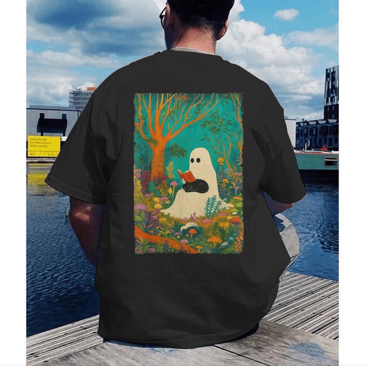 Groovy Ghost Reading Book Cat Halloween Ghost Teacher Men's Back Print T-Shirt, funny gift