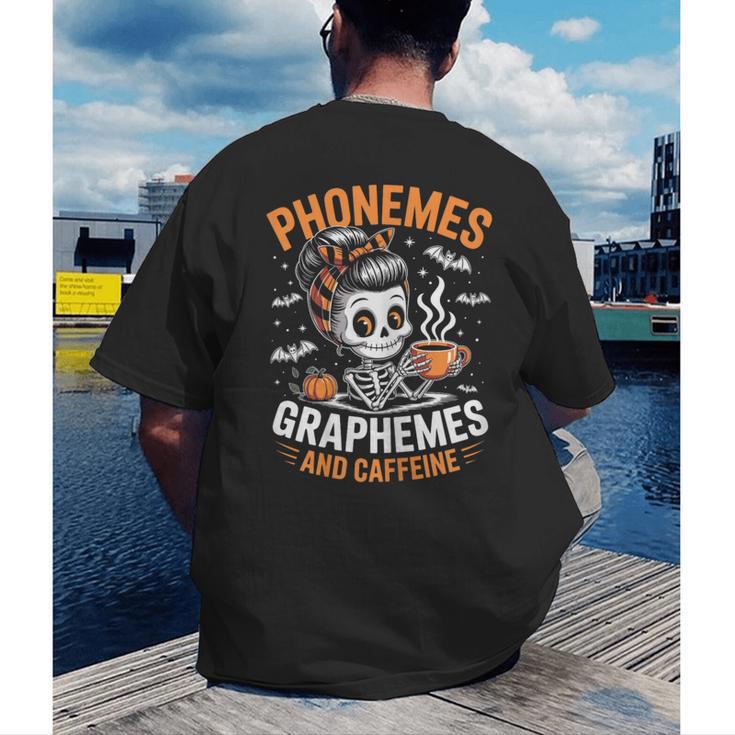 Halloween Skeleton Teacher Phonemes Graphemes Caffeine Lover Men's Back Print T-Shirt, funny gift
