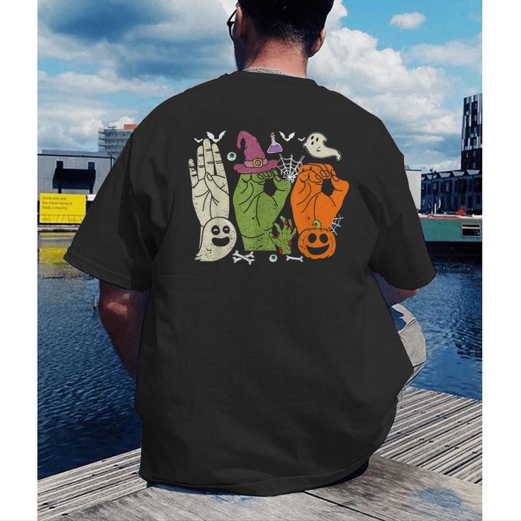 Halloween SPED Teacher Boo In ASL Boo Hands Sign Language Men's Back Print T-Shirt, funny gift