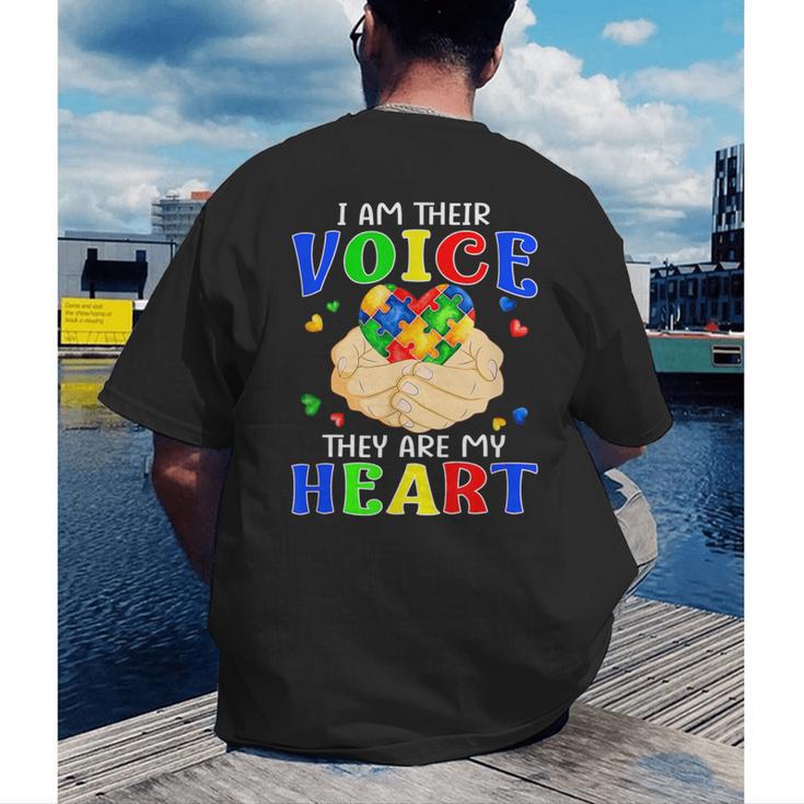 I Am Their Voice They Are My Heart Autism Awareness Teacher Men's Back Print T-Shirt, funny gift