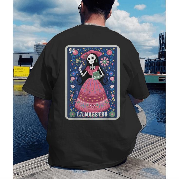 La Maestra Halloween Mexican Bingo Card Teacher Lottery Card Men's Back Print T-Shirt, funny gift