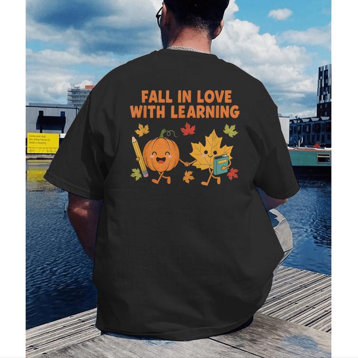 Retro Fall In Love With Learning Autumn Pumpkin Teacher Men's Back Print T-Shirt, funny gift