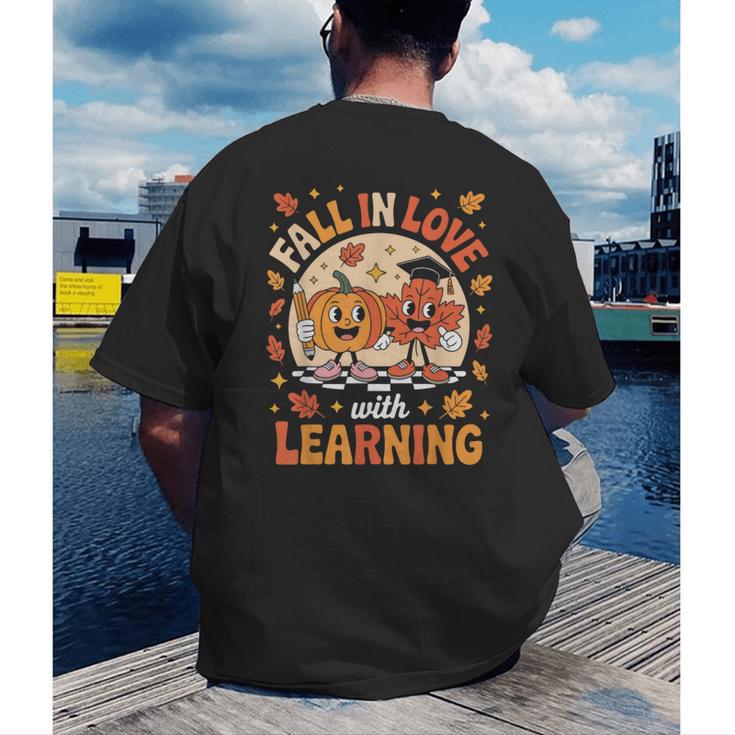 Retro Fall In Love With Learning Pumpkin Leaf Teacher Autumn Men's Back Print T-Shirt, funny gift Retro Fall In Love With Learning Pumpkin Leaf Teacher Autumn Men's Back Print T-Shirt, funny gift