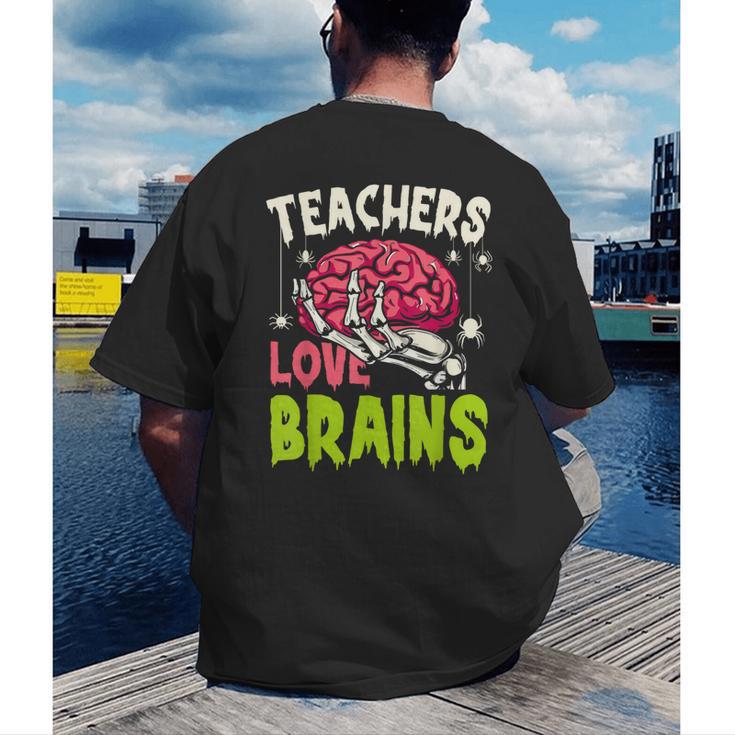 Teachers Love Brains Skeleton Halloween Teacher Funny Men's Back Print T-Shirt, funny gift