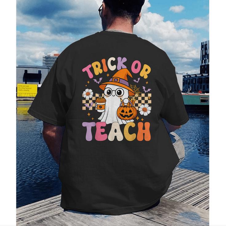 Trick Or Teach Cute Ghost Coffee Pumpkins Halloween Teacher Men's Back Print T-Shirt, funny gift Trick Or Teach Cute Ghost Coffee Pumpkins Halloween Teacher Men's Back Print T-Shirt, funny gift