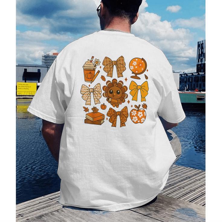Coquette Teach Teacher Bows Thanksgiving Turkey Fall Autumn Men's Back Print T-Shirt, funny gift