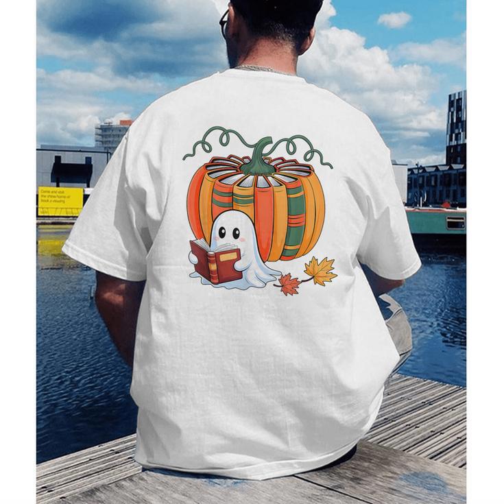 Fall Book Pumpkin Books Ghost Reading Halloween Teacher Men's Back Print T-Shirt, funny gift