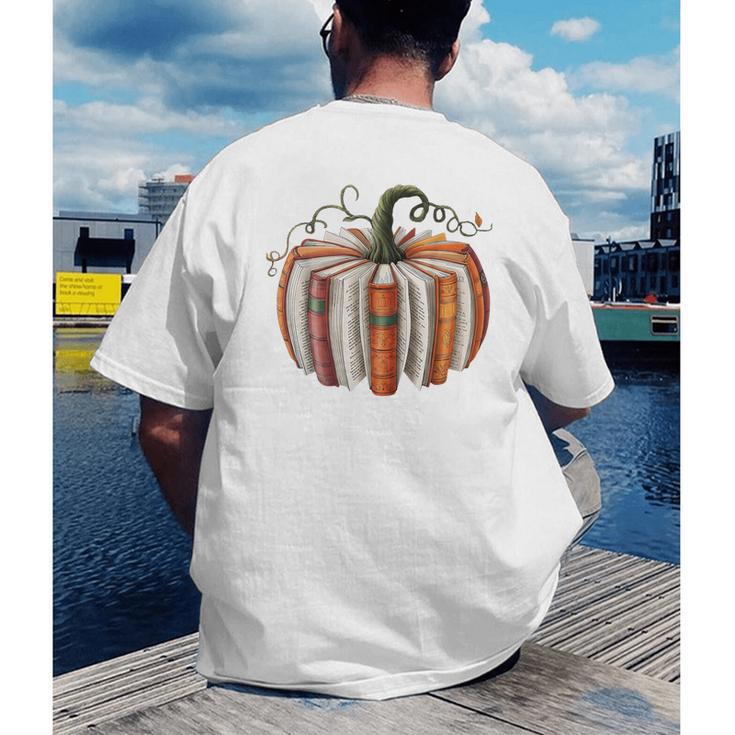 Halloween Teacher Librarians Fall Book Pumpkin Retro Reading Men's Back Print T-Shirt, funny gift