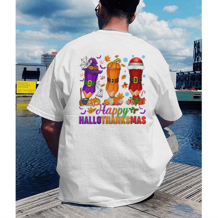 Happy Hallothanksmas Halloween Thanksgiving Pencils Teachers Men's Back Print T-Shirt, funny gift
