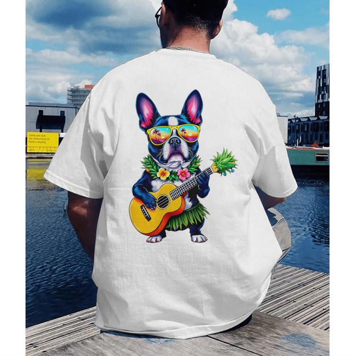 Hawaiian Boston Terrier & Pineapple Ukulele Summer Vacation Men's Back Print T-Shirt, funny gift