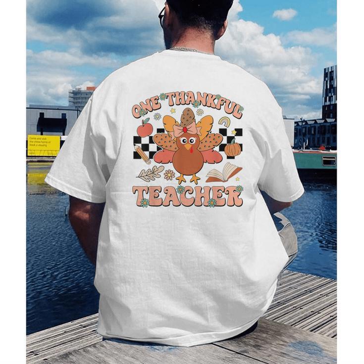 One Thankful Teacher Thanksgiving Retro Groovy Fall Teachers Men's Back Print T-Shirt, funny gift One Thankful Teacher Thanksgiving Retro Groovy Fall Teachers Men's Back Print T-Shirt, funny gift
