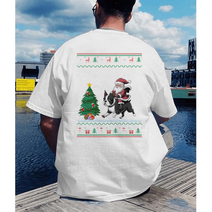 Ugly Christmas Tree Lights Xmas Santa Riding Boston Terrier Men's Back Print T-Shirt, funny gift