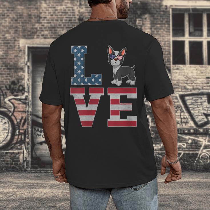 4th Of July Decor Patriotic LOVE Boston Terrier USA Flag Men's Back Print T-Shirt, funny design