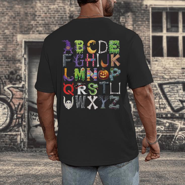ABCs Alphabet Halloween Learning Kindergarten Teachers Men's Back Print T-Shirt, funny design ABCs Alphabet Halloween Learning Kindergarten Teachers Men's Back Print T-Shirt, funny design