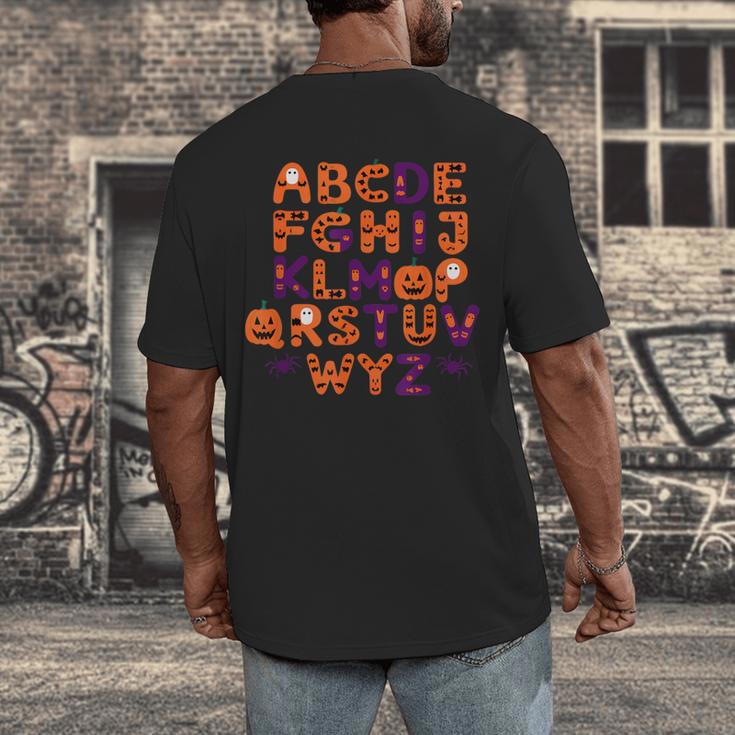 ABCs Learning Kindergarten Teacher Halloween Alphabet Men's Back Print T-Shirt, funny design