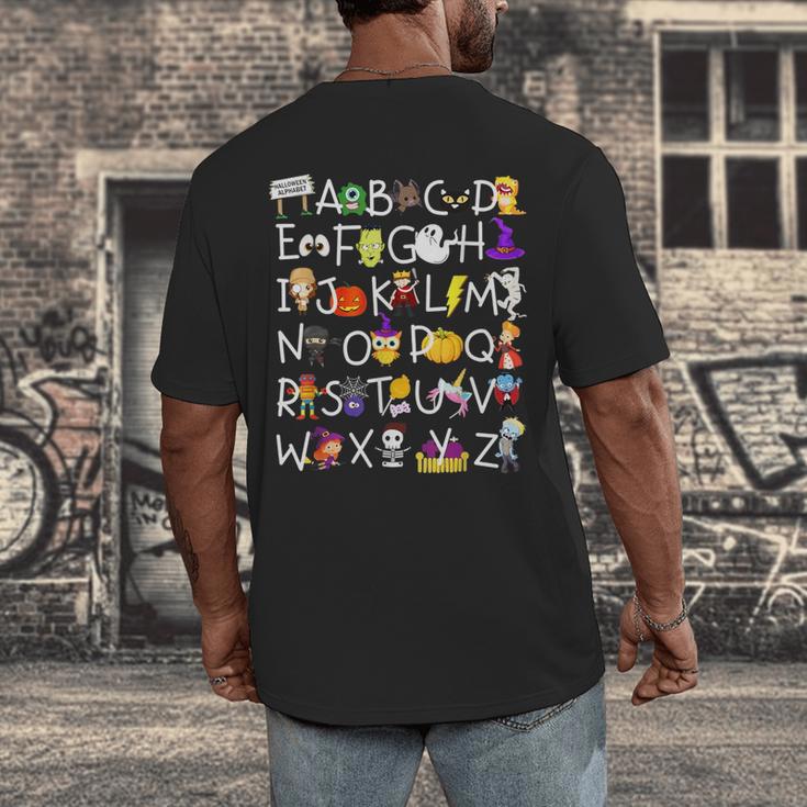 Alphabet ABCs Halloween Characters Kindergarten Teacher Kids Men's Back Print T-Shirt, funny design Alphabet ABCs Halloween Characters Kindergarten Teacher Kids Men's Back Print T-Shirt, funny design