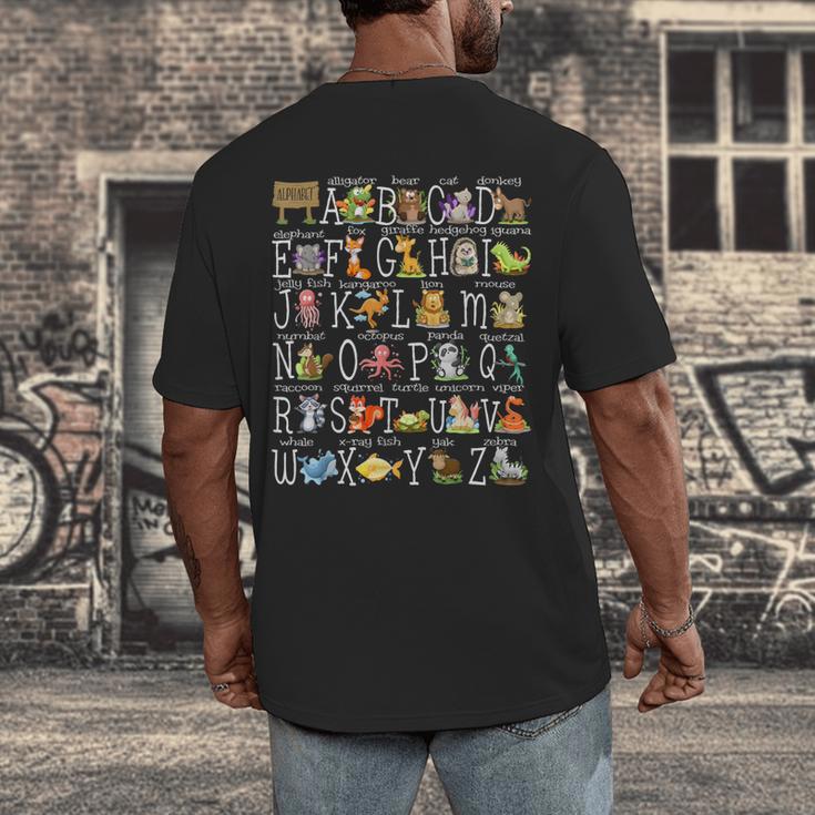 Alphabet Animals Back To School Pre-K Kindergarten Teacher Men's Back Print T-Shirt, funny design Alphabet Animals Back To School Pre-K Kindergarten Teacher Men's Back Print T-Shirt, funny design