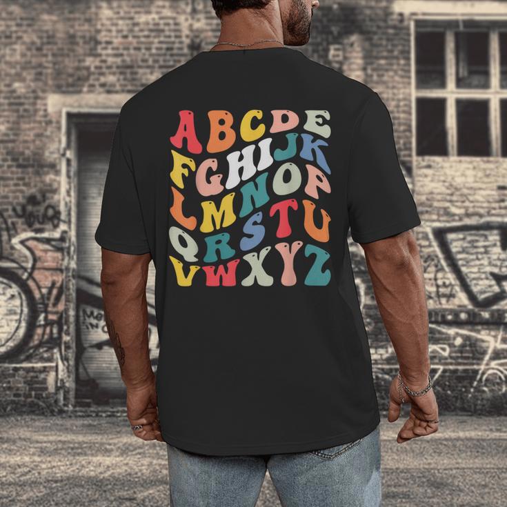 Alphabet Hi Back To School ABC Pre K Kindergarten Teacher Men's Back Print T-Shirt, funny design Alphabet Hi Back To School ABC Pre K Kindergarten Teacher Men's Back Print T-Shirt, funny design