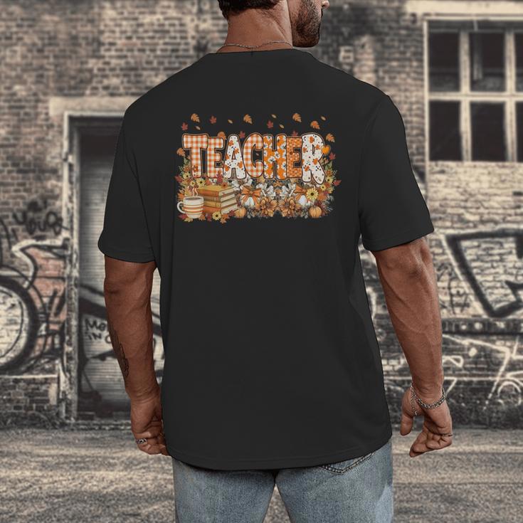 Autumn Pumpkin Thanksgiving Coffee Floral Teacher Fall Men's Back Print T-Shirt, funny design Autumn Pumpkin Thanksgiving Coffee Floral Teacher Fall Men's Back Print T-Shirt, funny design