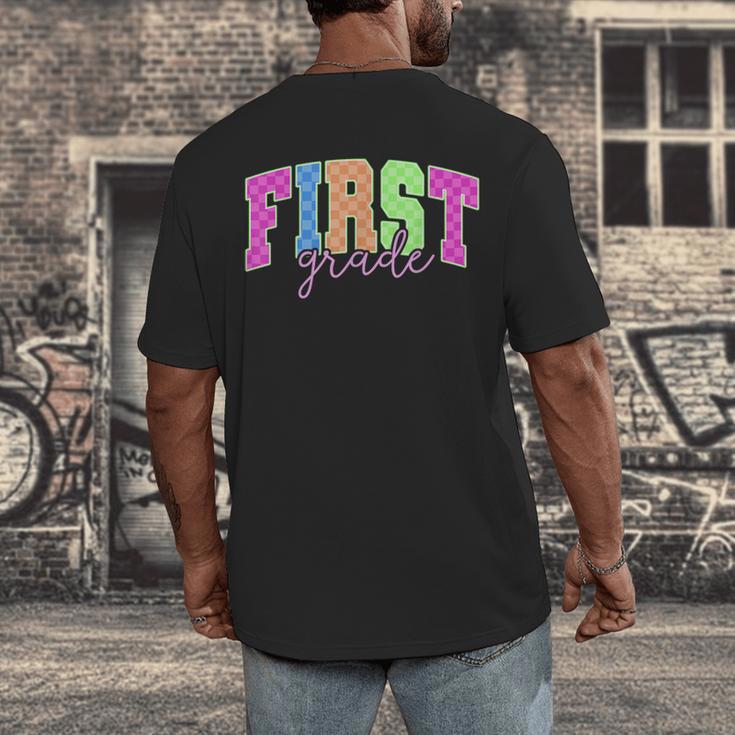 Back To School Neon Checkered First Grade Colorful Teacher Men's Back Print T-Shirt, funny design Back To School Neon Checkered First Grade Colorful Teacher Men's Back Print T-Shirt, funny design