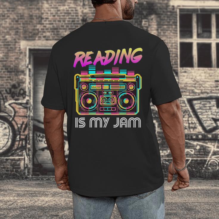 Back To School Retro Reading Is My Jam 80s Teacher Boombox Men's Back Print T-Shirt, funny design Back To School Retro Reading Is My Jam 80s Teacher Boombox Men's Back Print T-Shirt, funny design