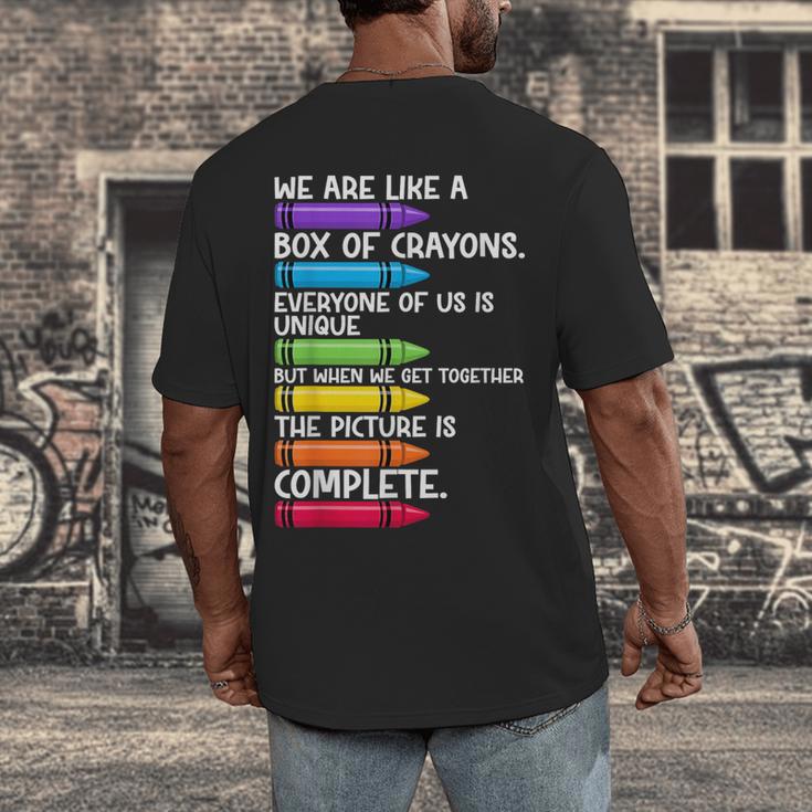 Back To School Teacher We Are Like A Box Of Crayons Men's Back Print T-Shirt, funny design Back To School Teacher We Are Like A Box Of Crayons Men's Back Print T-Shirt, funny design