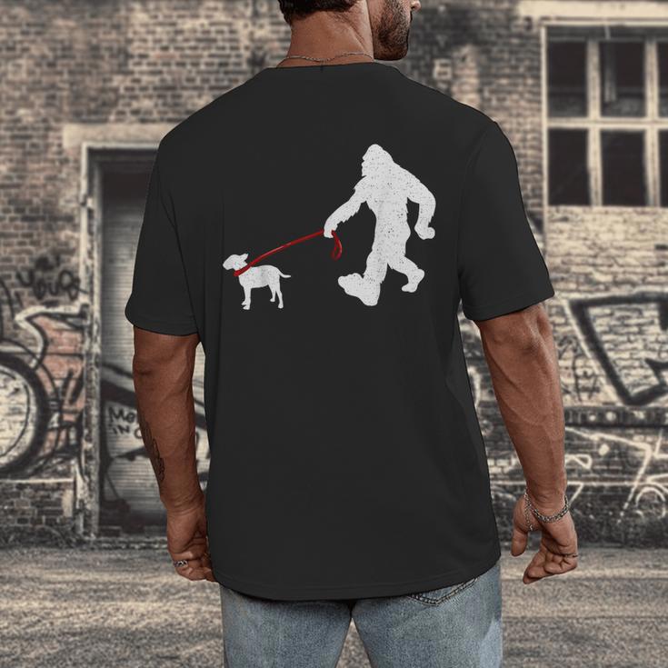 Bigfoot Walking With Bull Terrier Dog Men's Back Print T-Shirt, funny design
