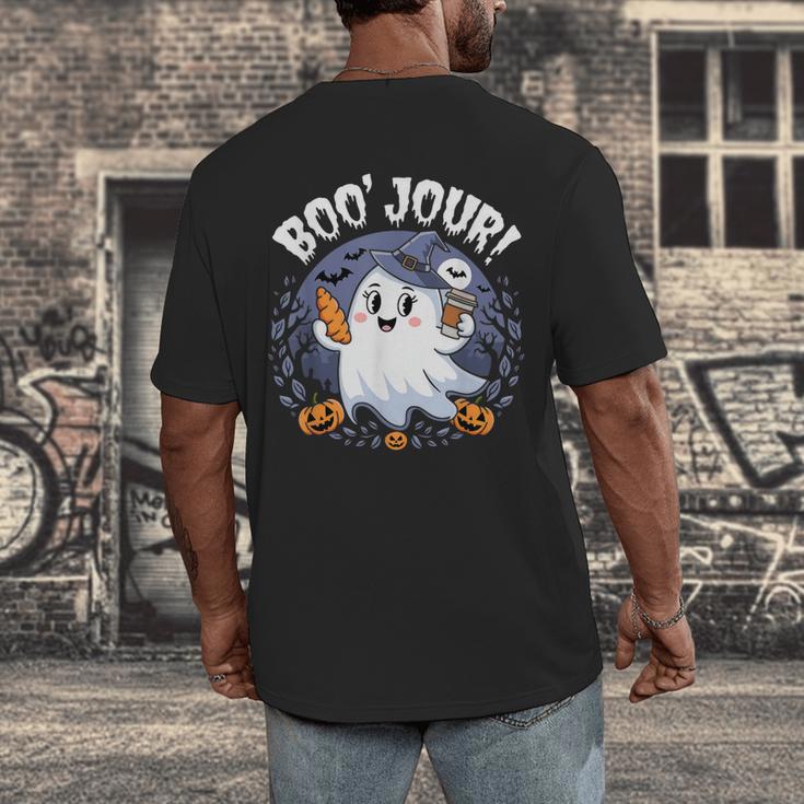 Boo Jour Ghost Halloween French Teacher Cute Coffe Croissant Men's Back Print T-Shirt, funny design