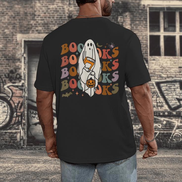 Booooks Ghost Halloween Groovy Vintage Teacher Book Reading Men's Back Print T-Shirt, funny design