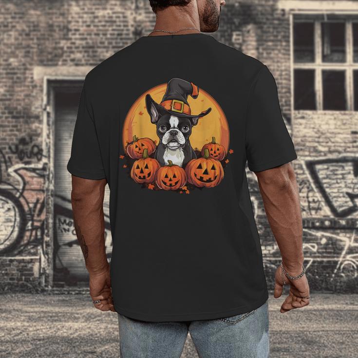 Boston Terrier Bostie Dog Breed Pet Halloween Pumpkins Men's Back Print T-Shirt, funny design