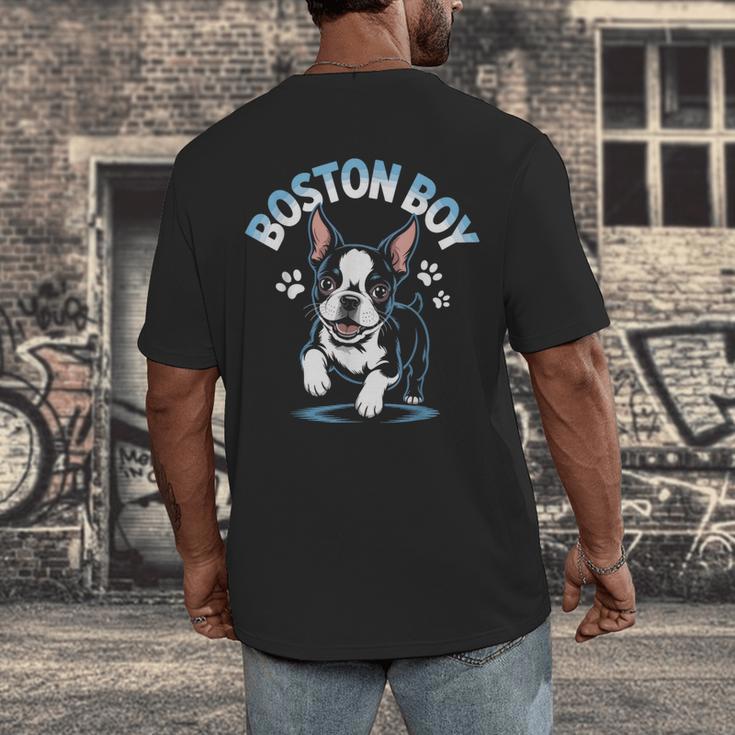 Boston Terrier Boy Cute Cartoon Dog Owner Pet Boston Terrier Men's Back Print T-Shirt, funny design