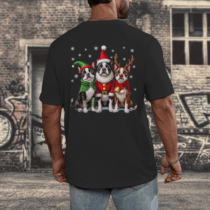 Boston Terrier Christmas Dogs Santa Reindeer Elf Men's Back Print T-Shirt, funny design