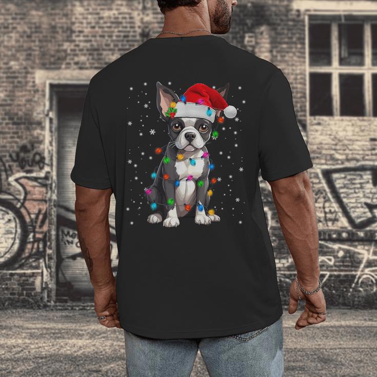 Boston Terrier Christmas Santa Hat Tree Lights Pajama Men's Back Print T-Shirt, funny design