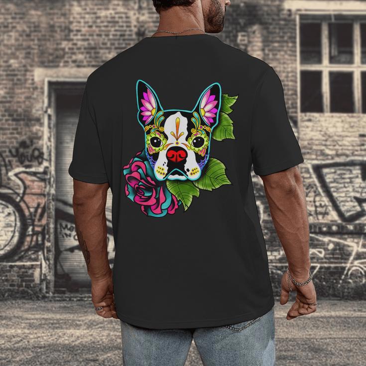 Boston Terrier In Day Of The Dead Sugar Skull Dog Men's Back Print T-Shirt, funny design