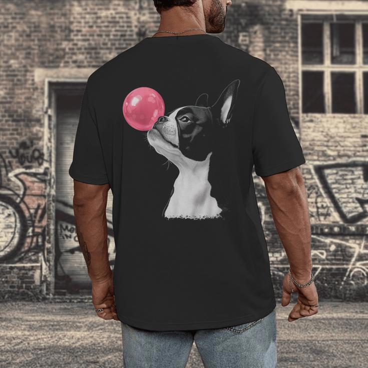 Boston Terrier Dog Blowing Chewing Bubble Gum Pink Men's Back Print T-Shirt, funny design