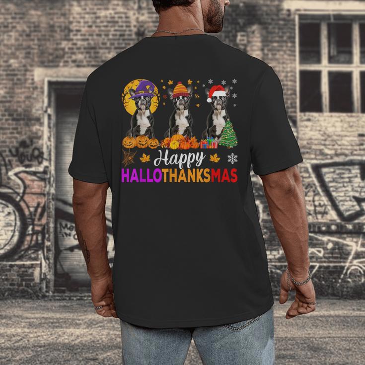 Boston Terrier Dog Halloween Christmas Hallothanksmas Men Women Kids Men's Back Print T-Shirt, funny design